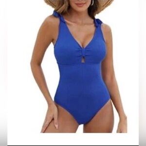 NWT Women's One Piece Swimsuit 2XL Blue Ribbed Tie Strap Cutout Jasambac XXL